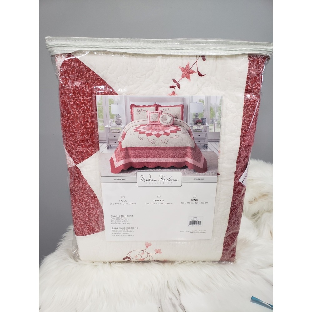 Caroline Embroidered Quilted Bedspread Full Red Floral Lightweight